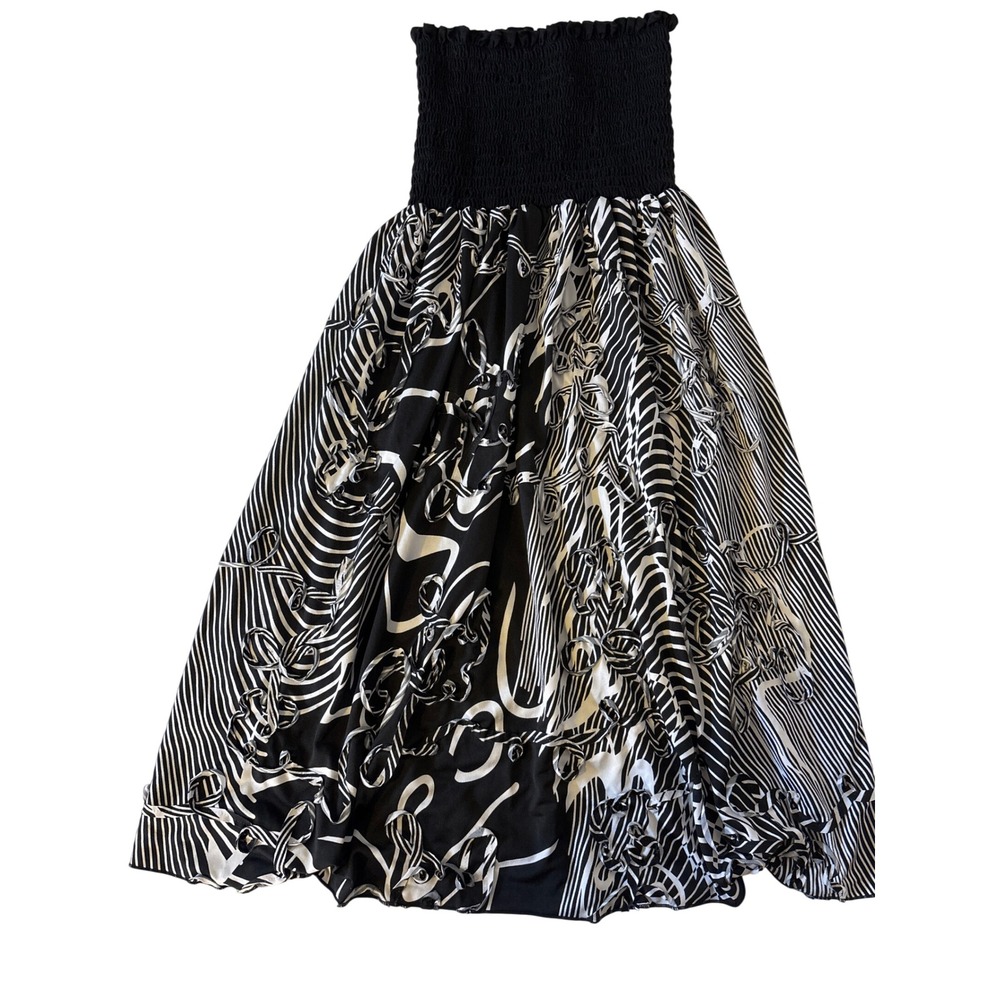 Absolutely Black White Abstract Print Smocked Strapless Midi Dress M USA Boho